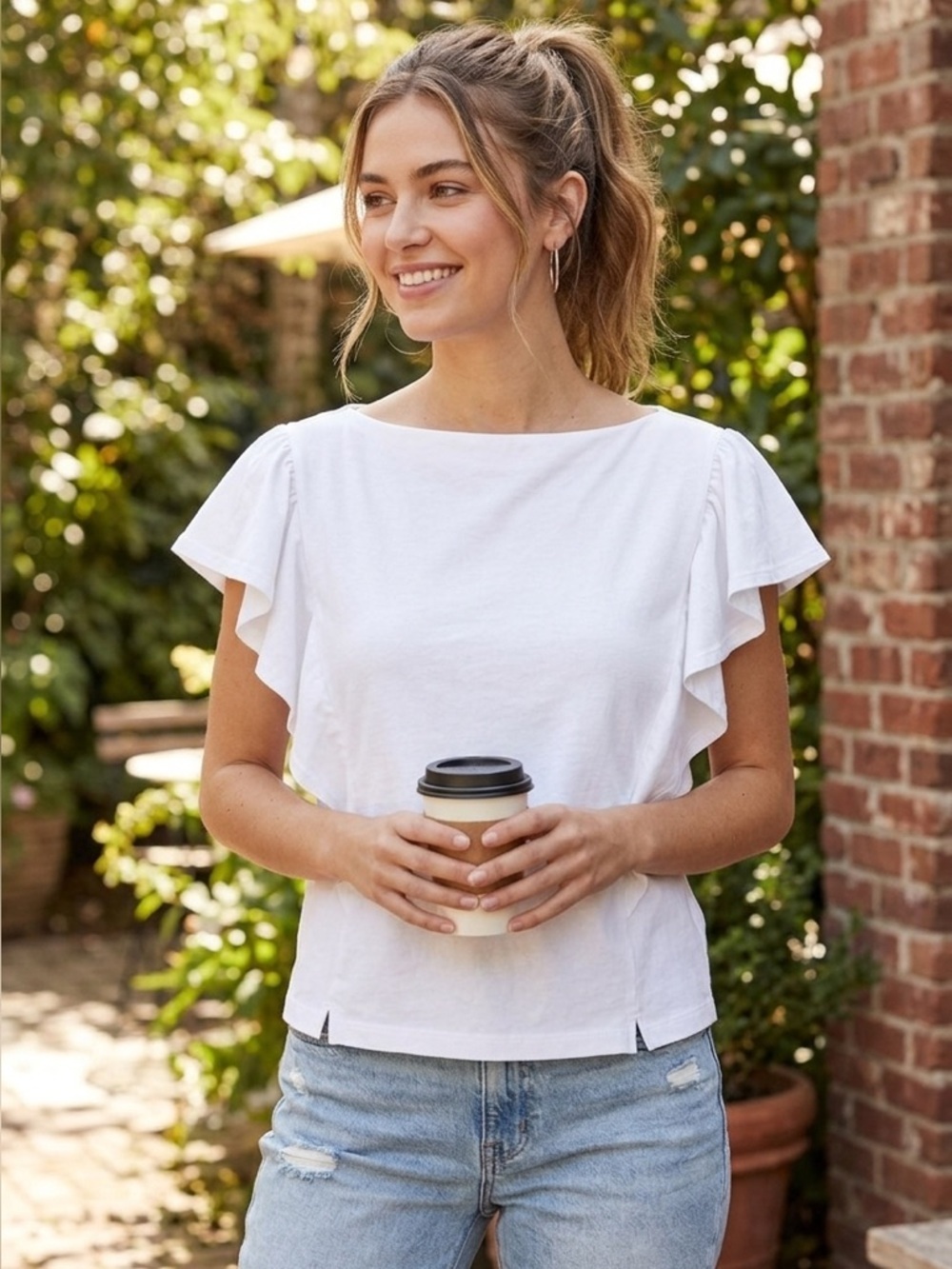 Free Assembly White Ruffled Flutter Sleeve Blouse